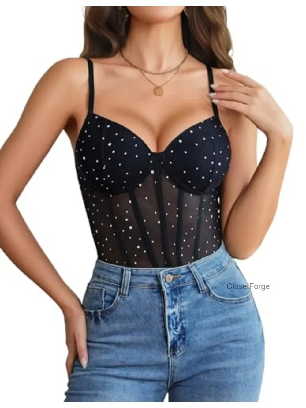 Sheer Mesh Sparkle Bodysuit for Women Sleeveless Corset Style Going Out Top